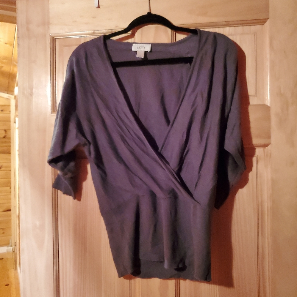 Medium Gray LOFT Faux Wrap Sweater with Ruched Sleeves